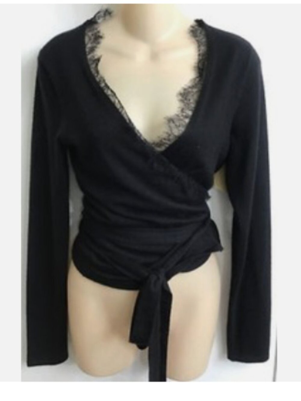 Cashmere Wrap Lauren Ballet Wrap Around Long Sleeve Sweater Black Lace Size M